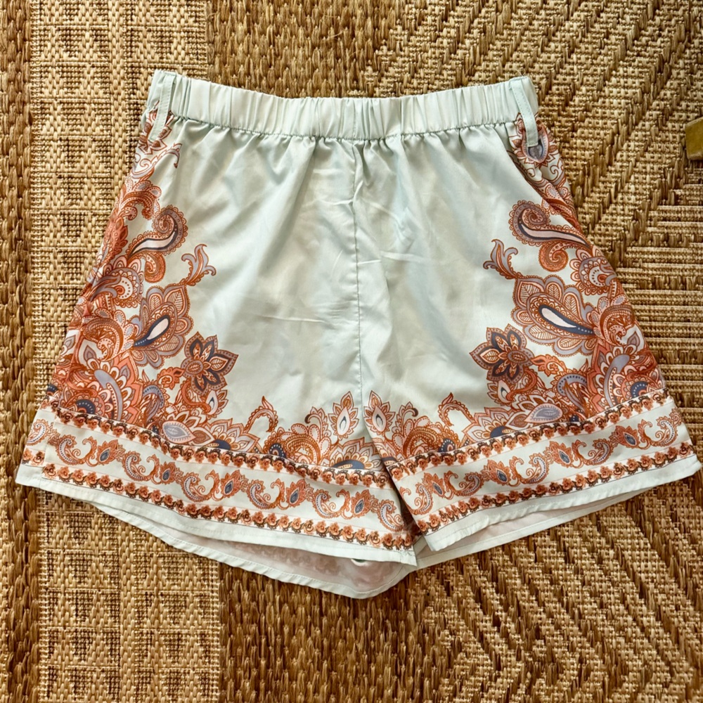 Paisley Print Boho Women Shorts - Orange and Mint Green